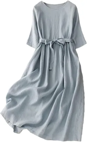 Women's Cotton Linen Mid-Sleeve Round Neck Dress Summer Korean Loose Belt Casual Dress