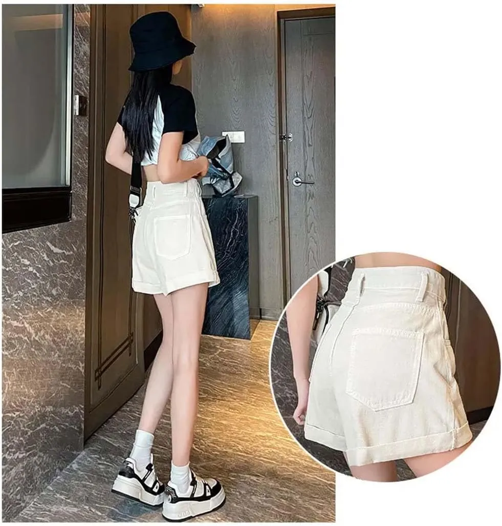 Women's Curly Edge High-Waisted Short Jeans Summer Casual Thin Straight Denim Leg Shorts