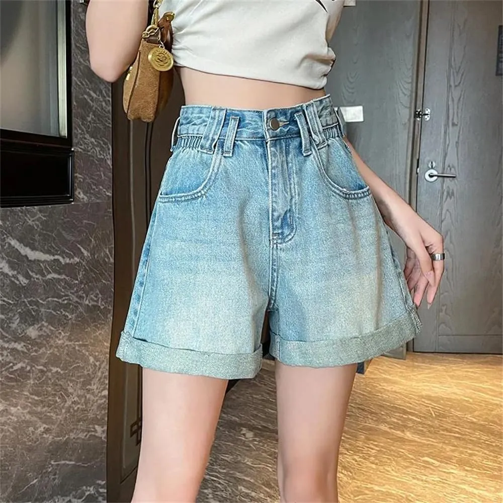 Women's Curly Edge High-Waisted Short Jeans Summer Casual Thin Straight Denim Leg Shorts