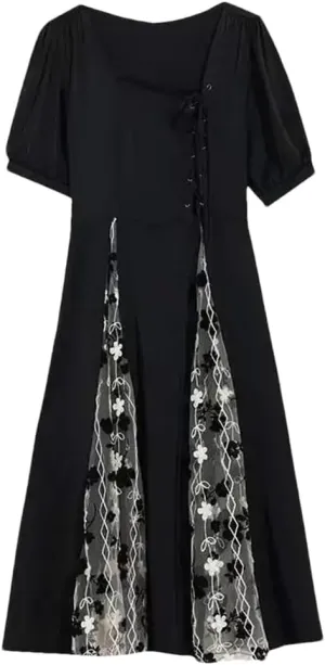 Women's Elegant Lace Up Bow Gauze Embroidery Prom Dress Summer Loose Office Lady Party Dresses
