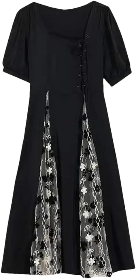 Women's Elegant Lace Up Bow Gauze Embroidery Prom Dress Summer Loose Office Lady Party Dresses
