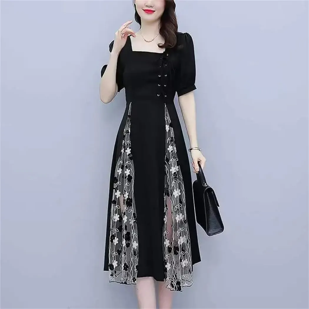 Women's Elegant Lace Up Bow Gauze Embroidery Prom Dress Summer Loose Office Lady Party Dresses