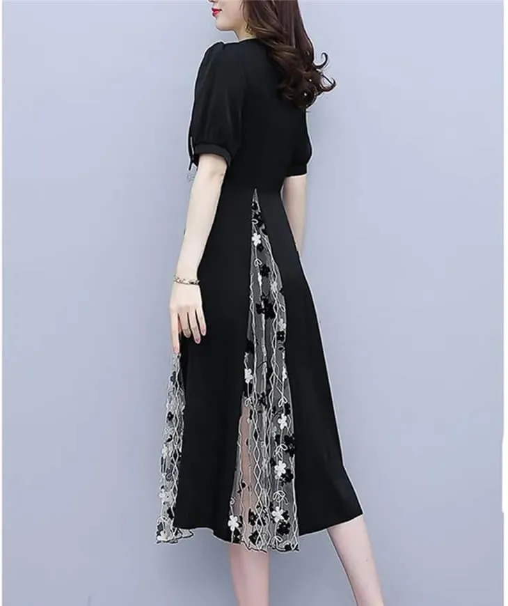 Women's Elegant Lace Up Bow Gauze Embroidery Prom Dress Summer Loose Office Lady Party Dresses