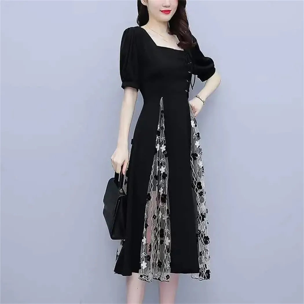 Women's Elegant Lace Up Bow Gauze Embroidery Prom Dress Summer Loose Office Lady Party Dresses