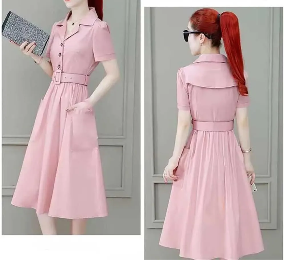 Women's Elegant Lapel Pockets Solid Color Folds Sashes Midi Dress Summer Loose Office Lady Dresses