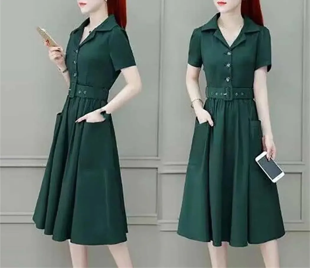Women's Elegant Lapel Pockets Solid Color Folds Sashes Midi Dress Summer Loose Office Lady Dresses