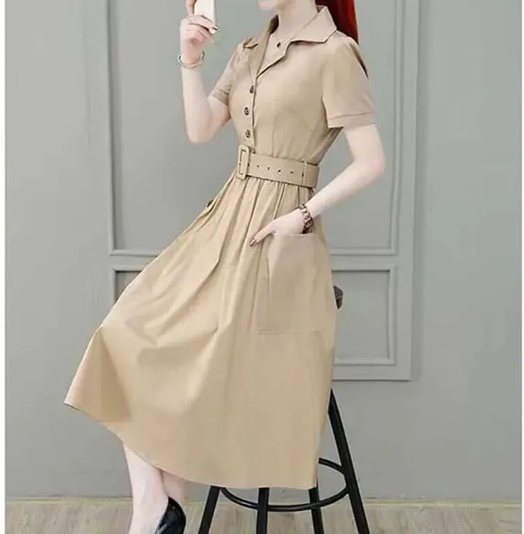 Women's Elegant Lapel Pockets Solid Color Folds Sashes Midi Dress Summer Loose Office Lady Dresses