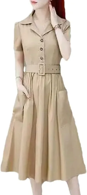 Women's Elegant Lapel Pockets Solid Color Folds Sashes Midi Dress Summer Loose Office Lady Dresses