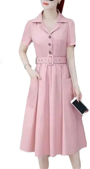 Women's Elegant Lapel Pockets Solid Color Folds Sashes Midi Dress Summer Loose Office Lady Dresses
