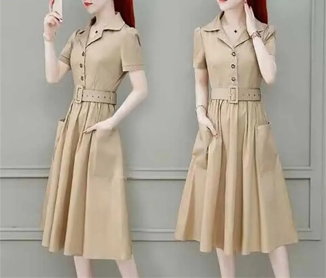 Women's Elegant Lapel Pockets Solid Color Folds Sashes Midi Dress Summer Loose Office Lady Dresses