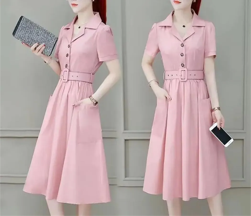 Women's Elegant Lapel Pockets Solid Color Folds Sashes Midi Dress Summer Loose Office Lady Dresses