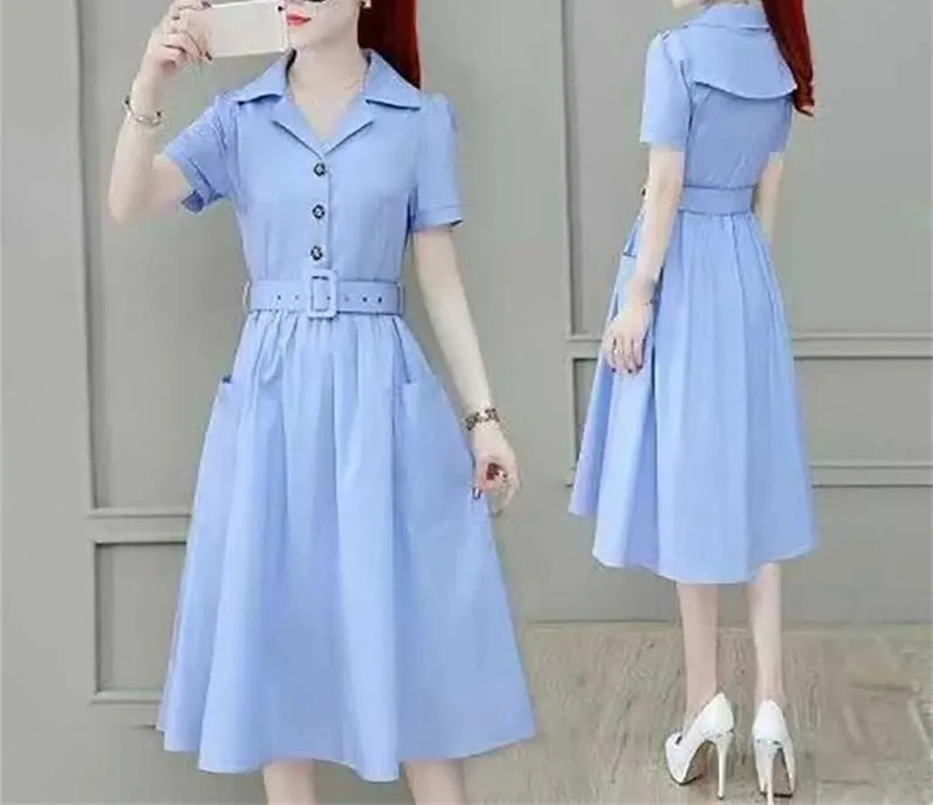 Women's Elegant Lapel Pockets Solid Color Folds Sashes Midi Dress Summer Loose Office Lady Dresses