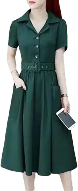 Women's Elegant Lapel Pockets Solid Color Folds Sashes Midi Dress Summer Loose Office Lady Dresses