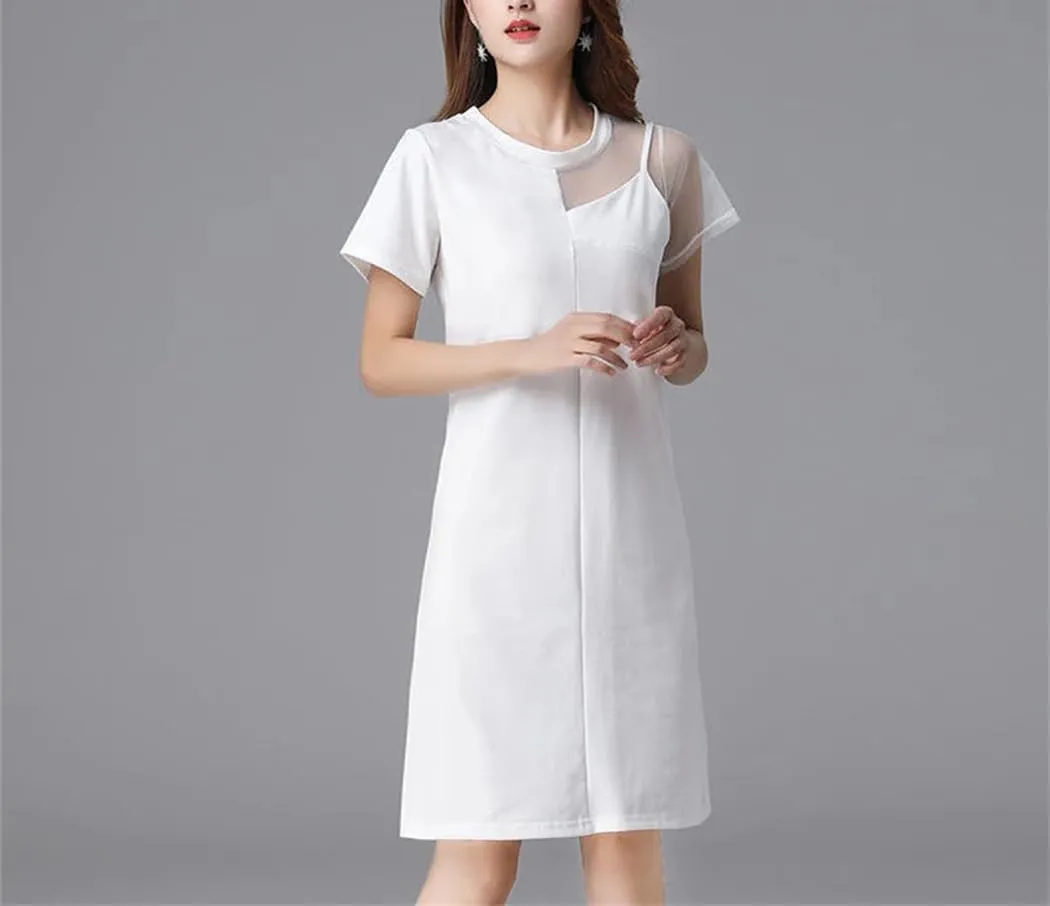 Women's Elegant O-Neck Spliced Asymmetrical Gauze Mini Dress Summer Loose Solid Color Office Lady Dress