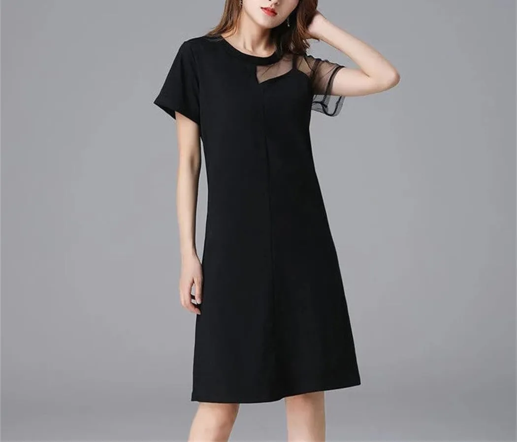 Women's Elegant O-Neck Spliced Asymmetrical Gauze Mini Dress Summer Loose Solid Color Office Lady Dress