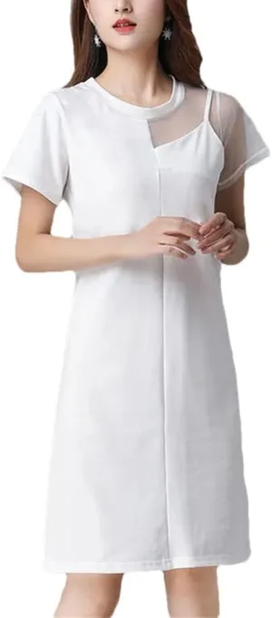 Women's Elegant O-Neck Spliced Asymmetrical Gauze Mini Dress Summer Loose Solid Color Office Lady Dress