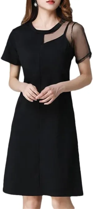 Women's Elegant O-Neck Spliced Asymmetrical Gauze Mini Dress Summer Loose Solid Color Office Lady Dress