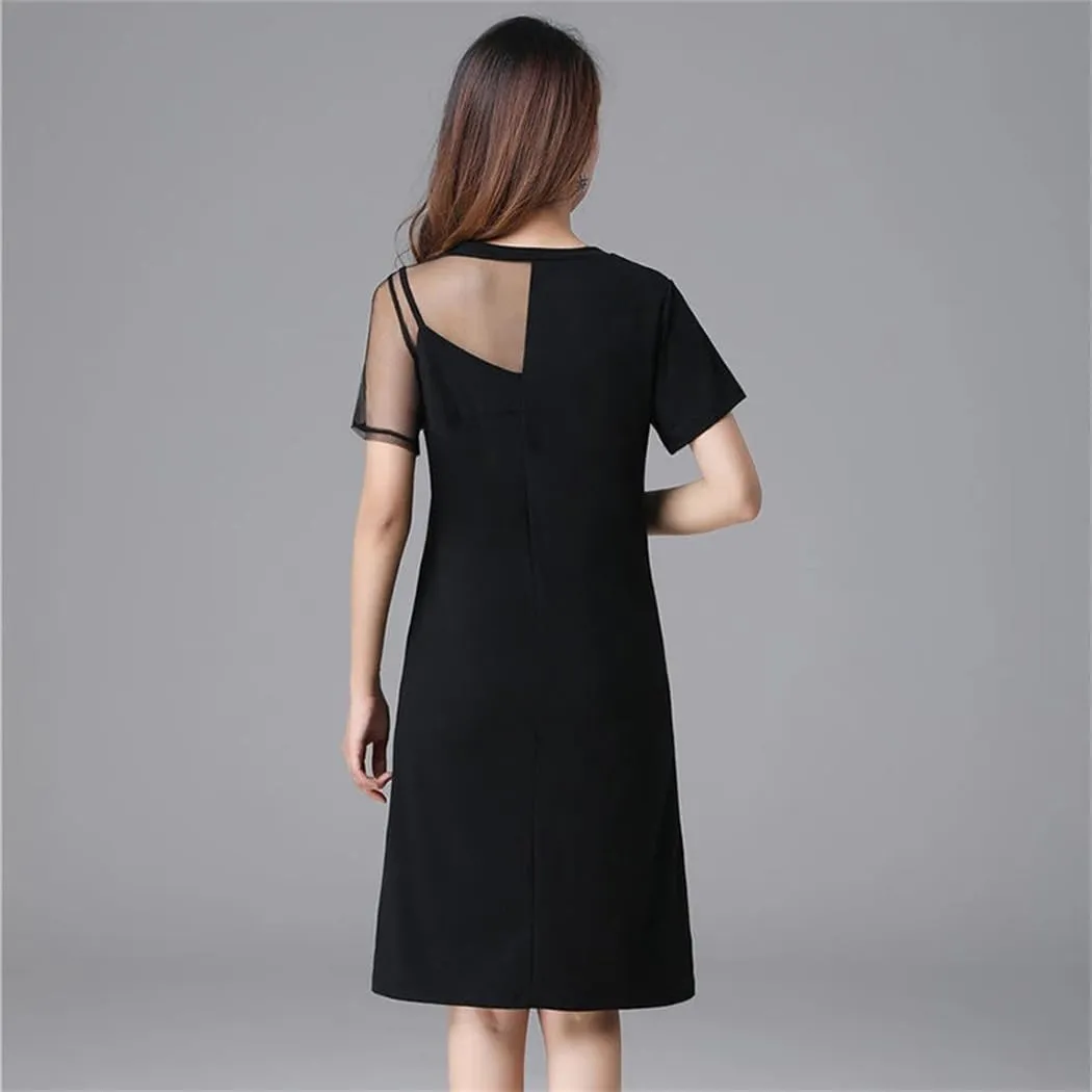 Women's Elegant O-Neck Spliced Asymmetrical Gauze Mini Dress Summer Loose Solid Color Office Lady Dress