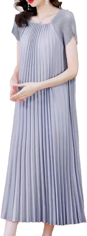 Women's Fashion O-Neck Spliced Loose Solid Color Pleated Midi Dress Summer Oversized Ladies Dresses