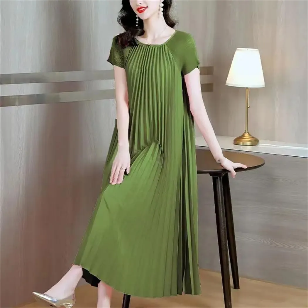 Women's Fashion O-Neck Spliced Loose Solid Color Pleated Midi Dress Summer Oversized Ladies Dresses