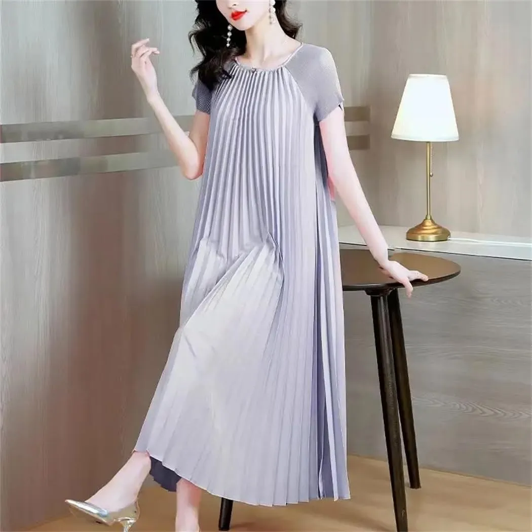 Women's Fashion O-Neck Spliced Loose Solid Color Pleated Midi Dress Summer Oversized Ladies Dresses