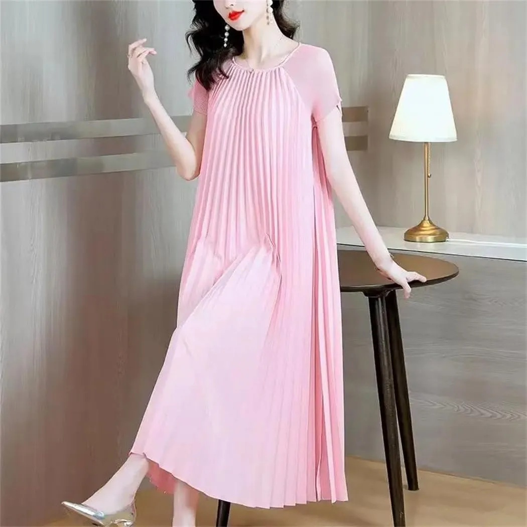Women's Fashion O-Neck Spliced Loose Solid Color Pleated Midi Dress Summer Oversized Ladies Dresses