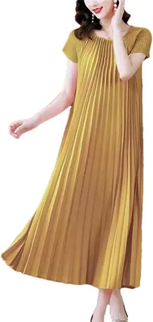 Women's Fashion O-Neck Spliced Loose Solid Color Pleated Midi Dress Summer Oversized Ladies Dresses