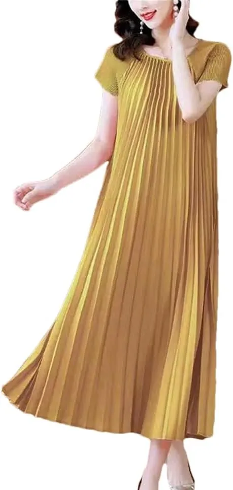 Women's Fashion O-Neck Spliced Loose Solid Color Pleated Midi Dress Summer Oversized Ladies Dresses