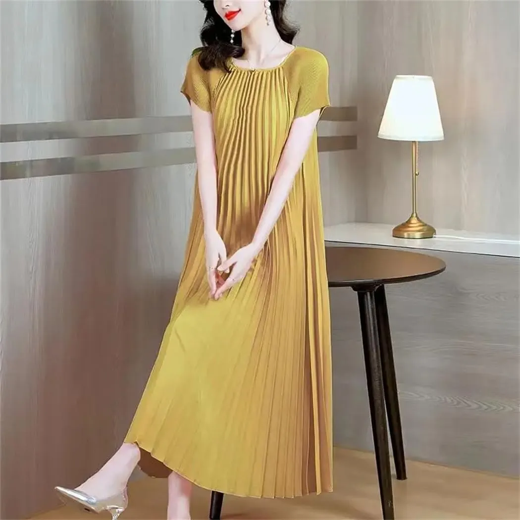 Women's Fashion O-Neck Spliced Loose Solid Color Pleated Midi Dress Summer Oversized Ladies Dresses