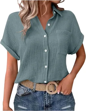 Womens Gauze Shirts Button Down Dress Shirts Casual Short Sleeve Textured Collared Summer Work Blouse Camping Clothes