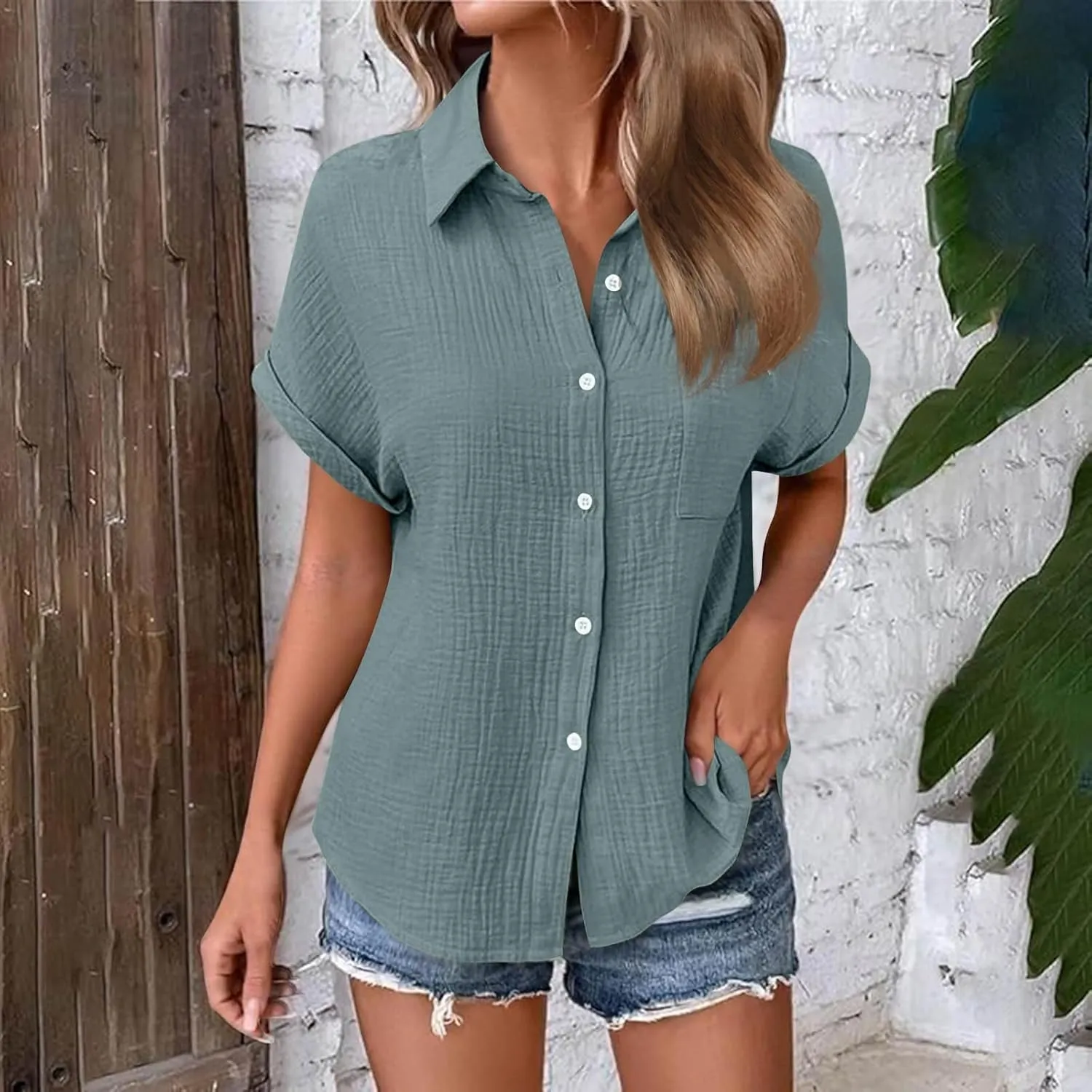 Womens Gauze Shirts Button Down Dress Shirts Casual Short Sleeve Textured Collared Summer Work Blouse Camping Clothes