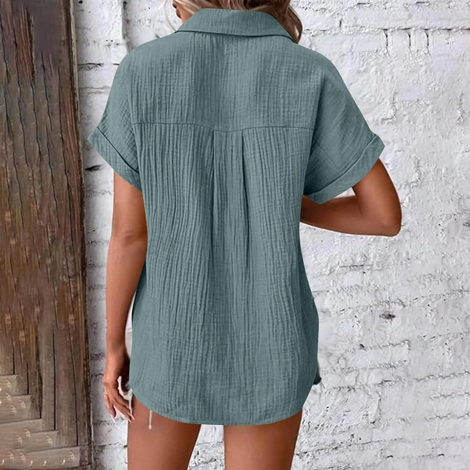 Womens Gauze Shirts Button Down Dress Shirts Casual Short Sleeve Textured Collared Summer Work Blouse Camping Clothes