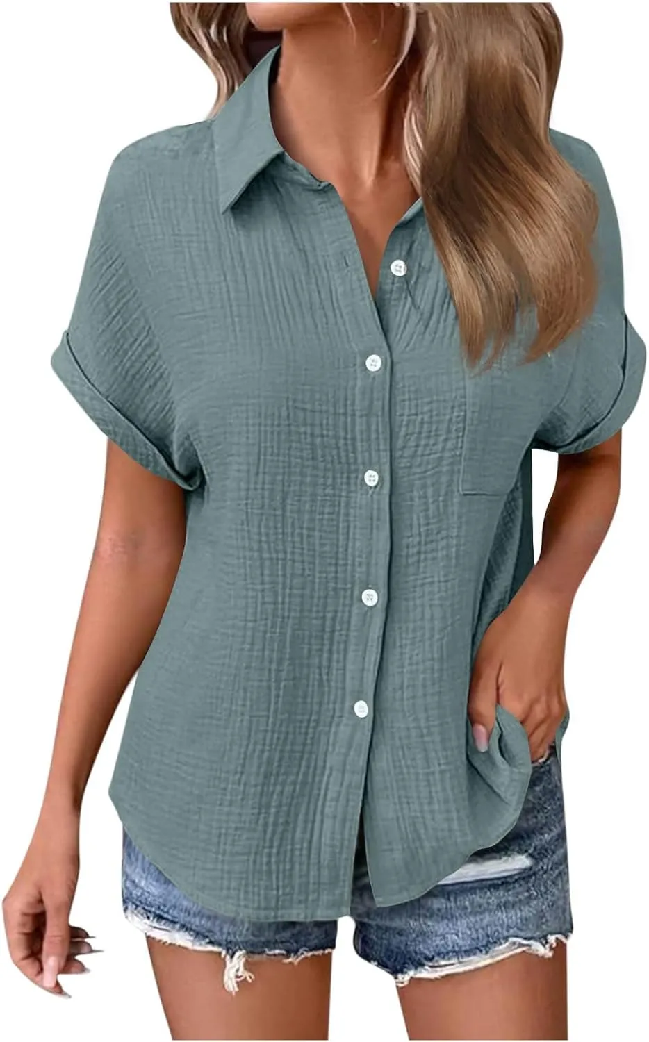 Womens Gauze Shirts Button Down Dress Shirts Casual Short Sleeve Textured Collared Summer Work Blouse Camping Clothes
