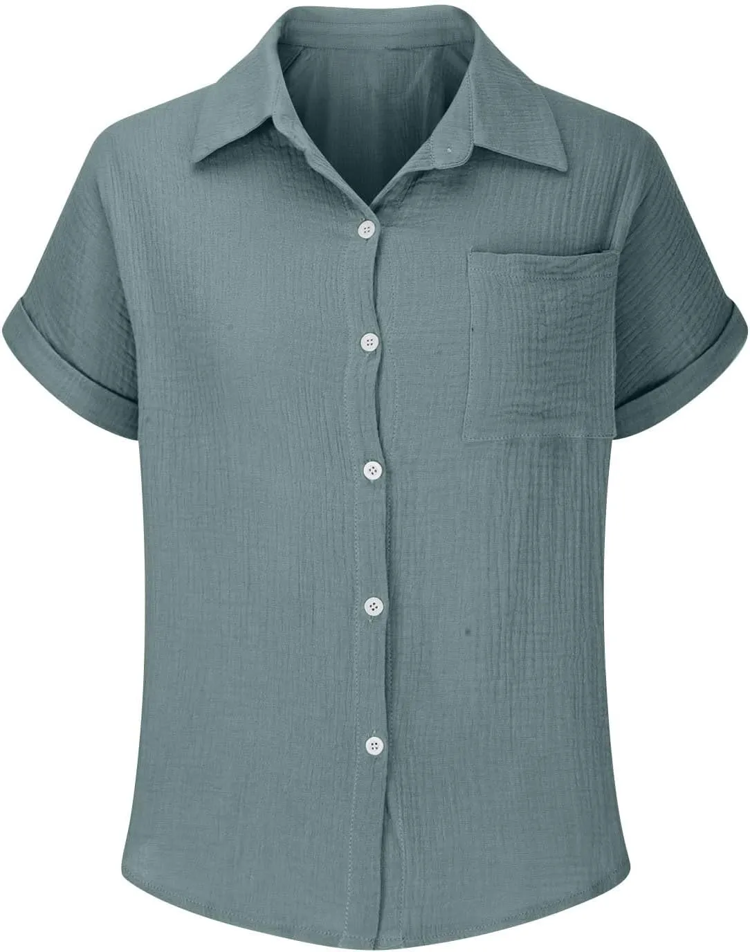 Womens Gauze Shirts Button Down Dress Shirts Casual Short Sleeve Textured Collared Summer Work Blouse Camping Clothes