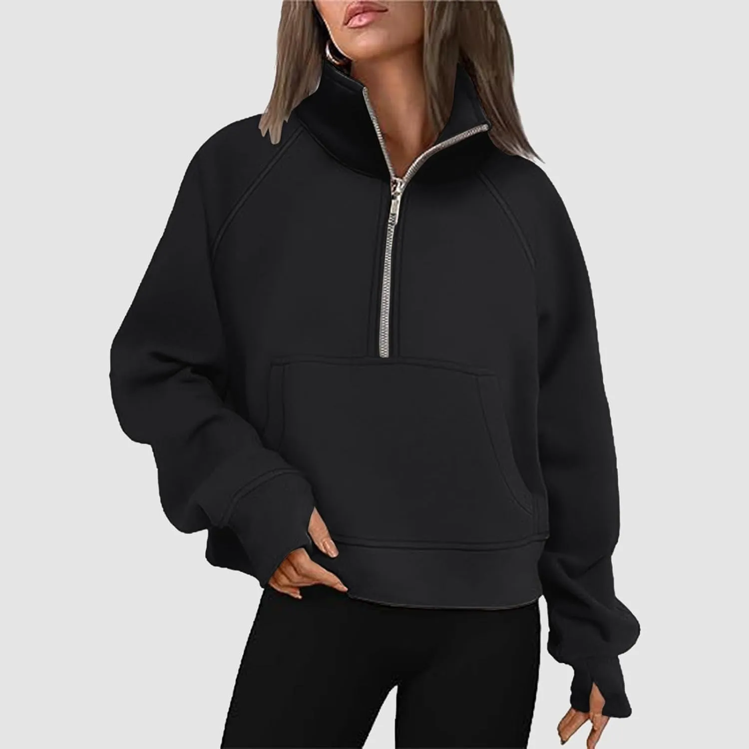 Women's Half Zip Cropped Pullover Sweatshirts Long Sleeve Casual Pocket Sweatshirt with Thumb Hole Fall Winter Tops