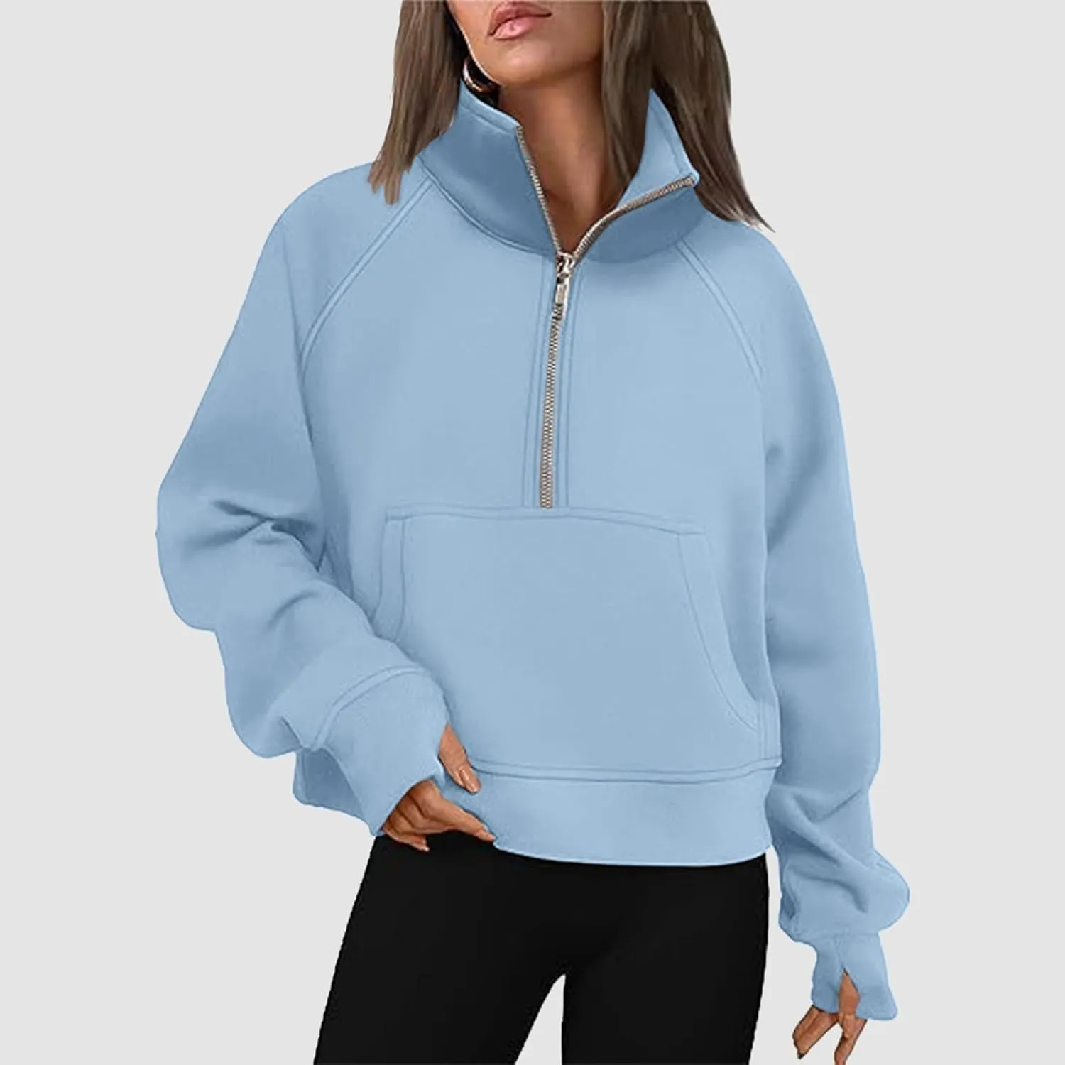Women's Half Zip Cropped Pullover Sweatshirts Long Sleeve Casual Pocket Sweatshirt with Thumb Hole Fall Winter Tops