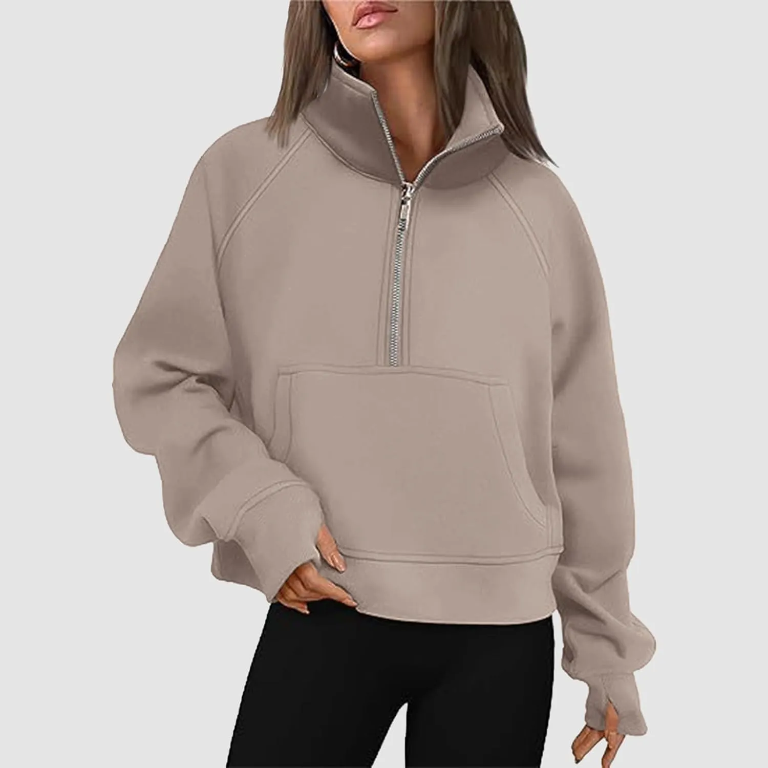 Women's Half Zip Cropped Pullover Sweatshirts Long Sleeve Casual Pocket Sweatshirt with Thumb Hole Fall Winter Tops