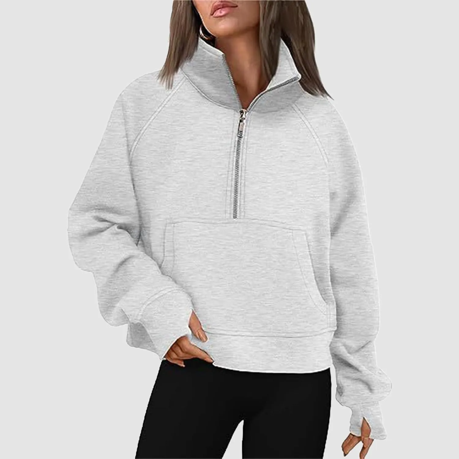 Women's Half Zip Cropped Pullover Sweatshirts Long Sleeve Casual Pocket Sweatshirt with Thumb Hole Fall Winter Tops