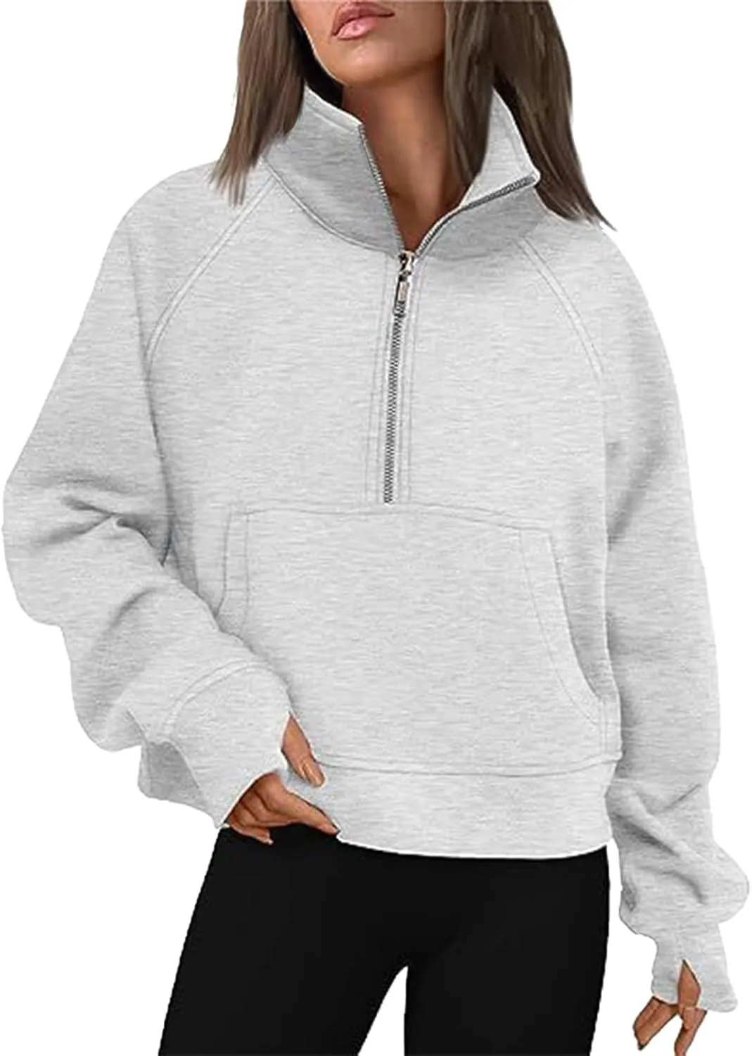 Women's Half Zip Cropped Pullover Sweatshirts Long Sleeve Casual Pocket Sweatshirt with Thumb Hole Fall Winter Tops