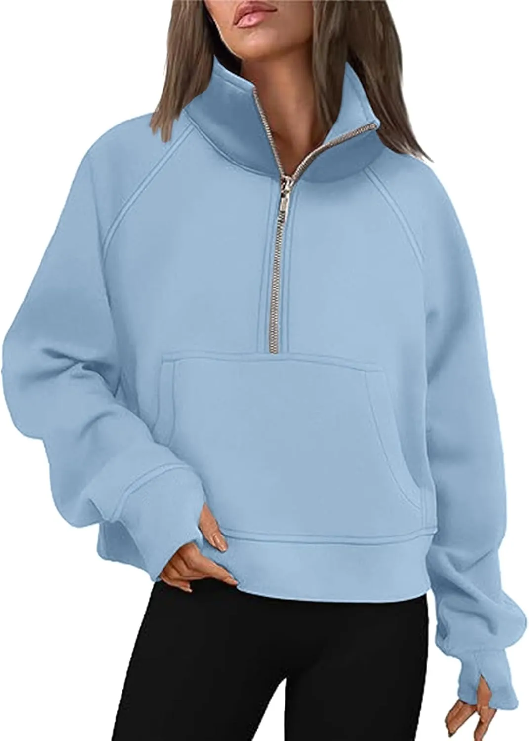 Women's Half Zip Cropped Pullover Sweatshirts Long Sleeve Casual Pocket Sweatshirt with Thumb Hole Fall Winter Tops