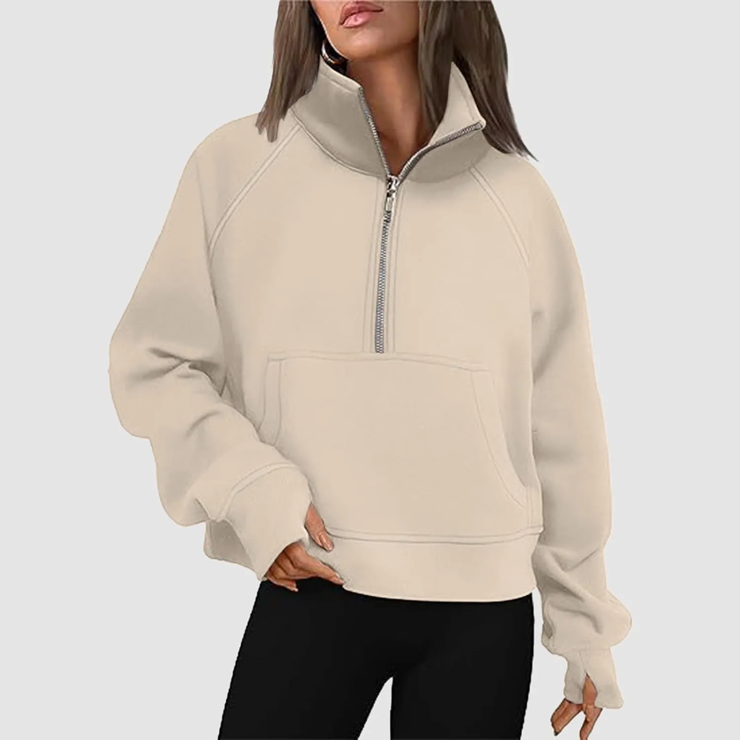 Women's Half Zip Cropped Pullover Sweatshirts Long Sleeve Casual Pocket Sweatshirt with Thumb Hole Fall Winter Tops