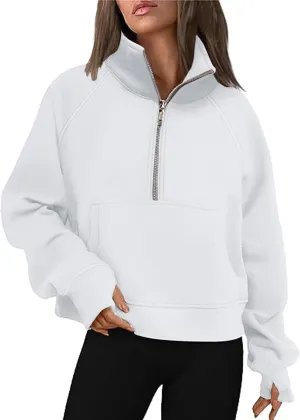 Women's Half Zip Cropped Pullover Sweatshirts Long Sleeve Casual Pocket Sweatshirt with Thumb Hole Fall Winter Tops