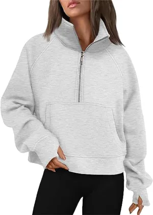 Women's Half Zip Cropped Pullover Sweatshirts Long Sleeve Casual Pocket Sweatshirt with Thumb Hole Fall Winter Tops