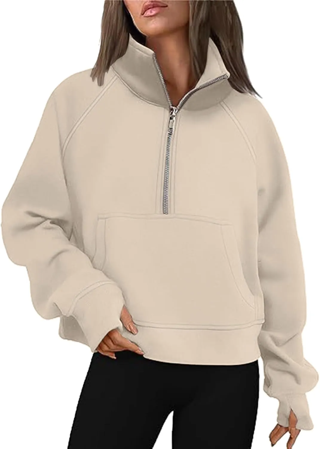 Women's Half Zip Cropped Pullover Sweatshirts Long Sleeve Casual Pocket Sweatshirt with Thumb Hole Fall Winter Tops