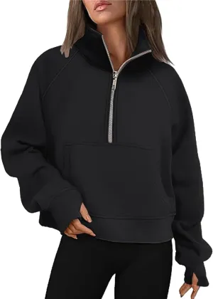 Women's Half Zip Cropped Pullover Sweatshirts Long Sleeve Casual Pocket Sweatshirt with Thumb Hole Fall Winter Tops