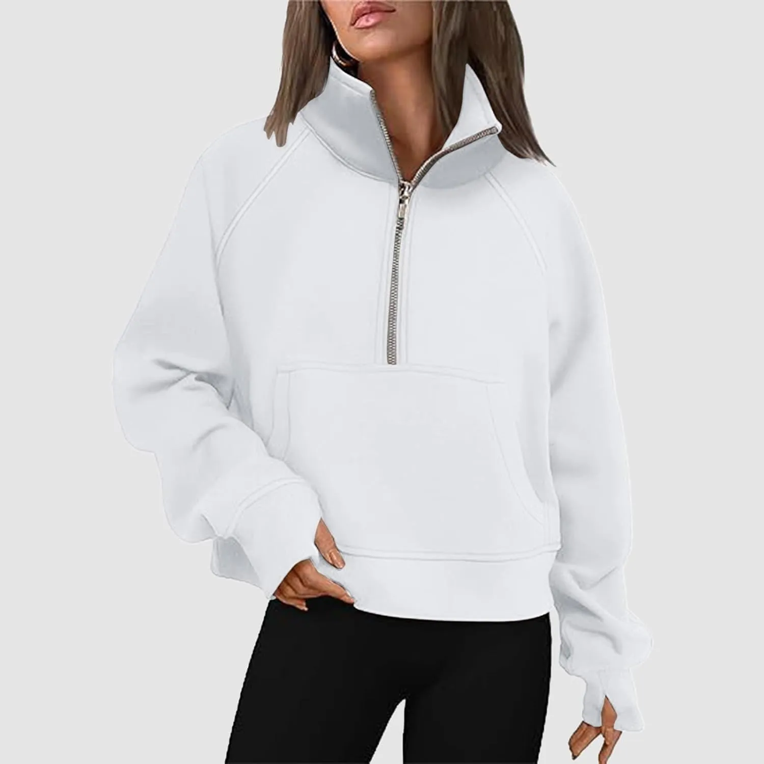 Women's Half Zip Cropped Pullover Sweatshirts Long Sleeve Casual Pocket Sweatshirt with Thumb Hole Fall Winter Tops