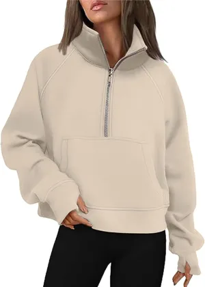 Women's Half Zip Cropped Pullover Sweatshirts Long Sleeve Casual Pocket Sweatshirt with Thumb Hole Fall Winter Tops