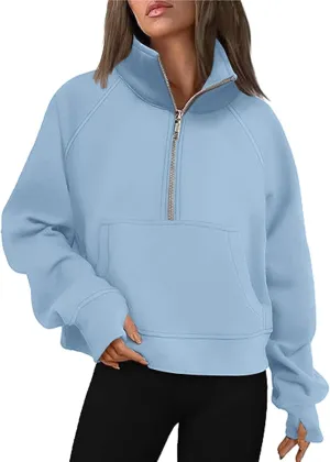 Women's Half Zip Cropped Pullover Sweatshirts Long Sleeve Casual Pocket Sweatshirt with Thumb Hole Fall Winter Tops