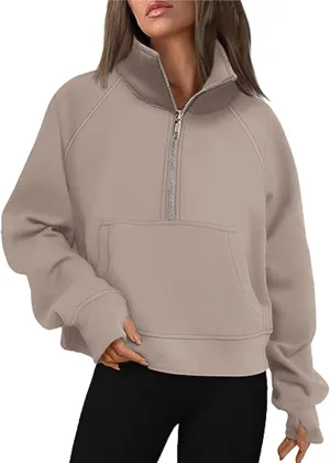 Women's Half Zip Cropped Pullover Sweatshirts Long Sleeve Casual Pocket Sweatshirt with Thumb Hole Fall Winter Tops