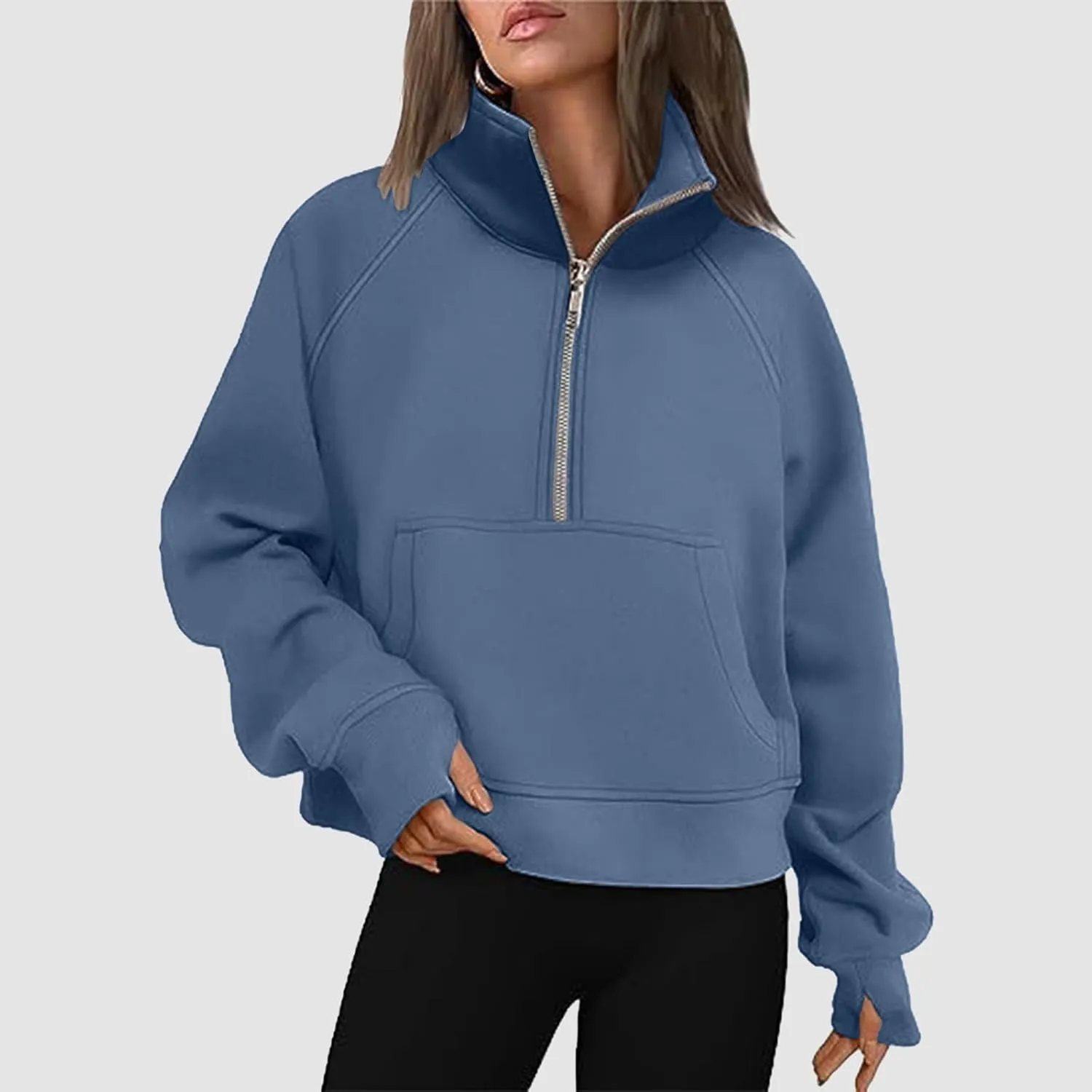 Women's Half Zip Cropped Pullover Sweatshirts Long Sleeve Solid Color Pocket Sweatshirt with Thumb Hole Casual Tops